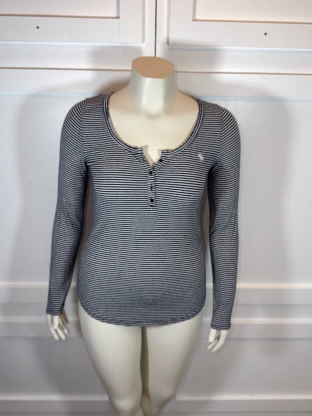 Abercrombie & Fitch Navy Women's Striped Henley Top L